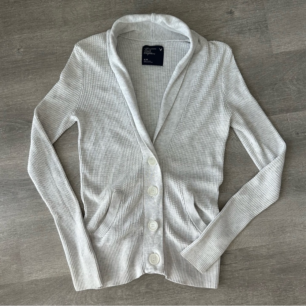 American Eagle Waffle Knit Shawl Collar Cardigan - Heather Gray